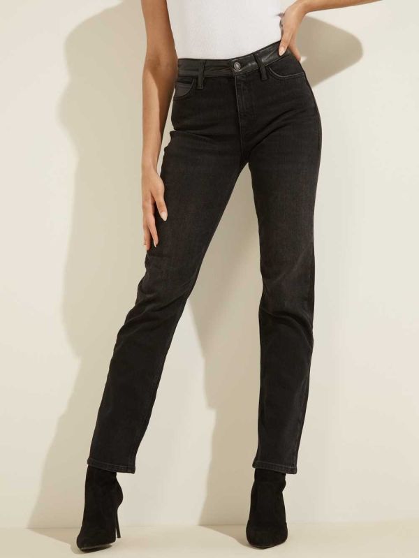 Guess 1981 Faux-Läder Midja Straight Jeans Dam Svarta | 879635-UER