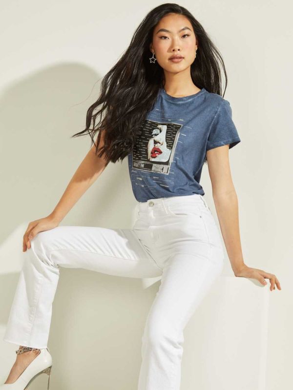 Guess 80s TV Easy T-shirt Dam Tvätt Marinblå Olika Färger | 960128-PFZ