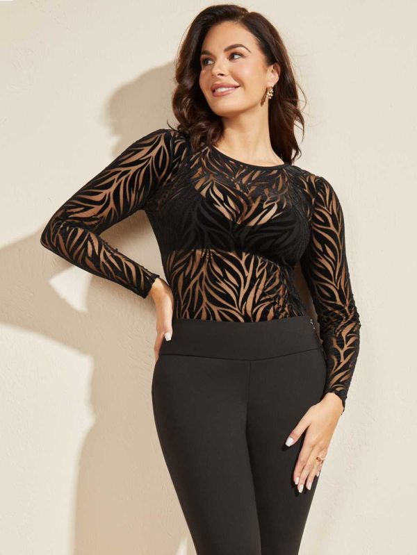 Guess Arlene Velour Mesh Top Blast Dam Svarta | 693150-HZC