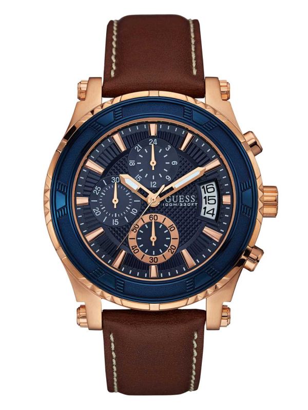 Guess Brown and Rose Gold-Tone Läder Sport Klocka Herr Blå Bruna | 451287-ONB
