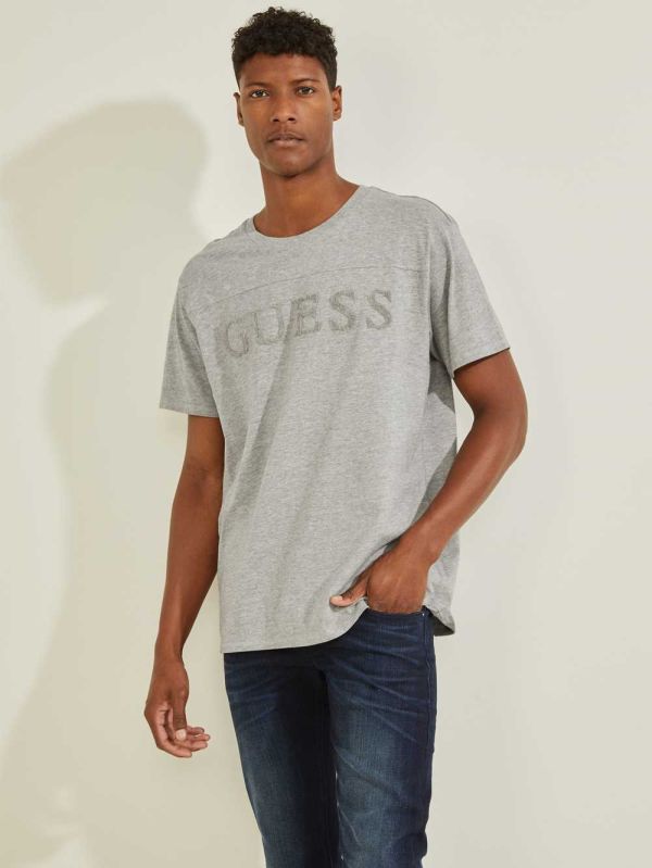 Guess Chenille Logo T-shirt Herr Grå | 063489-EBX