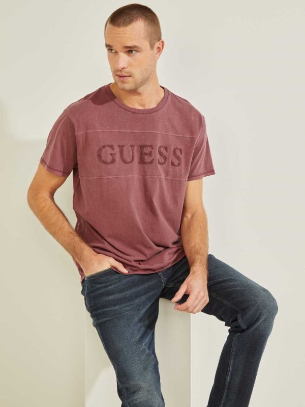 Guess Chenille Logo T-shirt Herr Vinröda Rosa | 687210-QGV