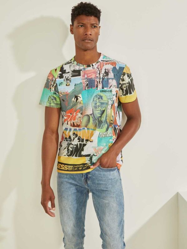 Guess Collage Poster T-shirt Herr Vita Olika Färger | 431582-WAX