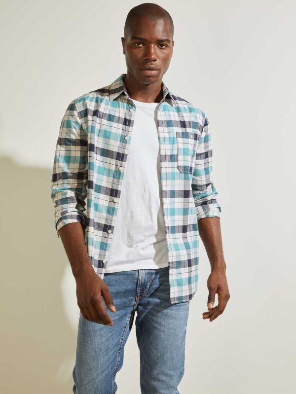 Guess Collins Long-Sleeve Skjorta Herr Blå Gröna | 412065-EBU