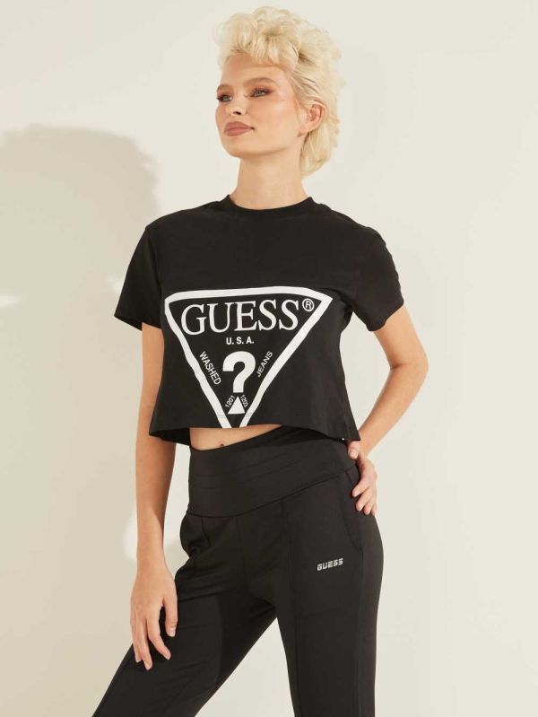 Guess Cropped Logo T-shirt Dam Svarta | 571493-BEC