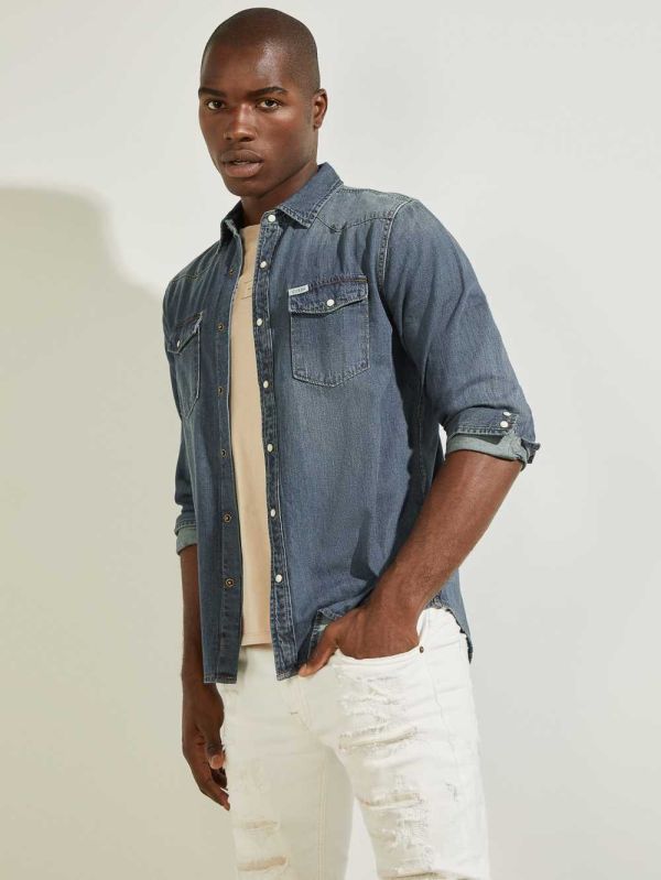 Guess Denim Western Skjorta Herr Indigo | 478965-BJM
