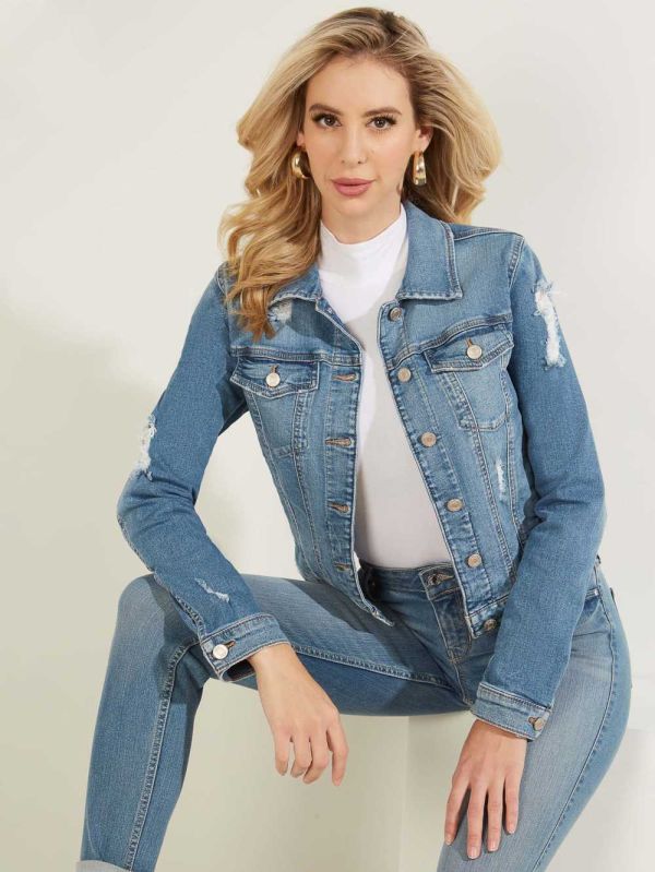 Guess Destroyed Denim Trucker Jacka Dam Tvätt | 760234-MBP