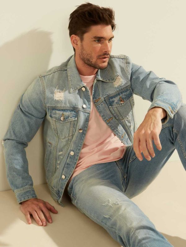 Guess Dillon Light-Wash Denim Jacka Herr Blå | 953210-XZF