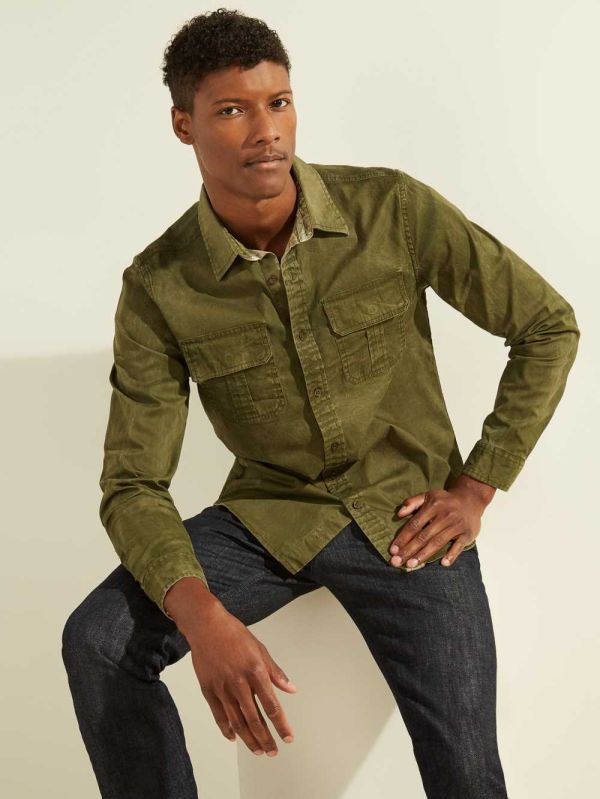 Guess Dusty Twill Washed Milton Skjorta Herr Mörkgröna Olika Färger | 956728-BGI