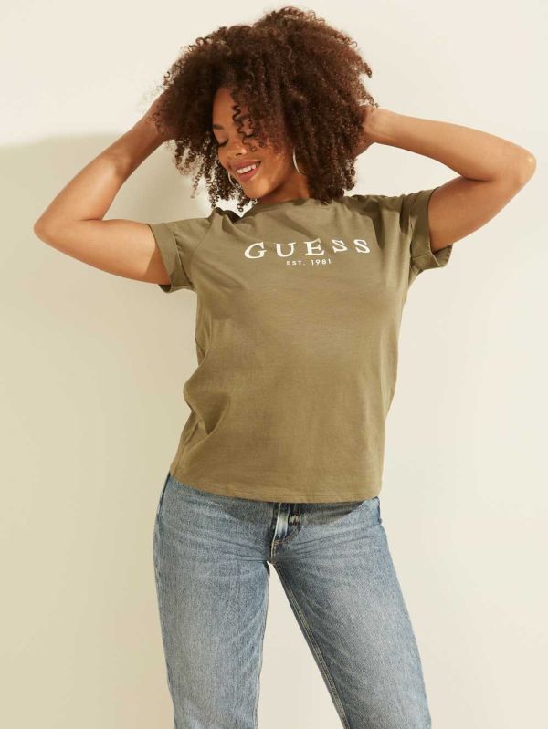 Guess Eco 1981 Rolled Cuff Logo T-shirt Dam Olivgröna | 103625-CUR