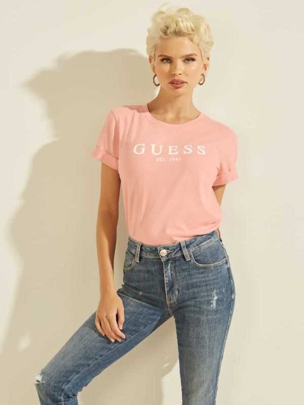 Guess Eco 1981 Rolled Cuff Logo T-shirt Dam Rosa | 521074-PZJ