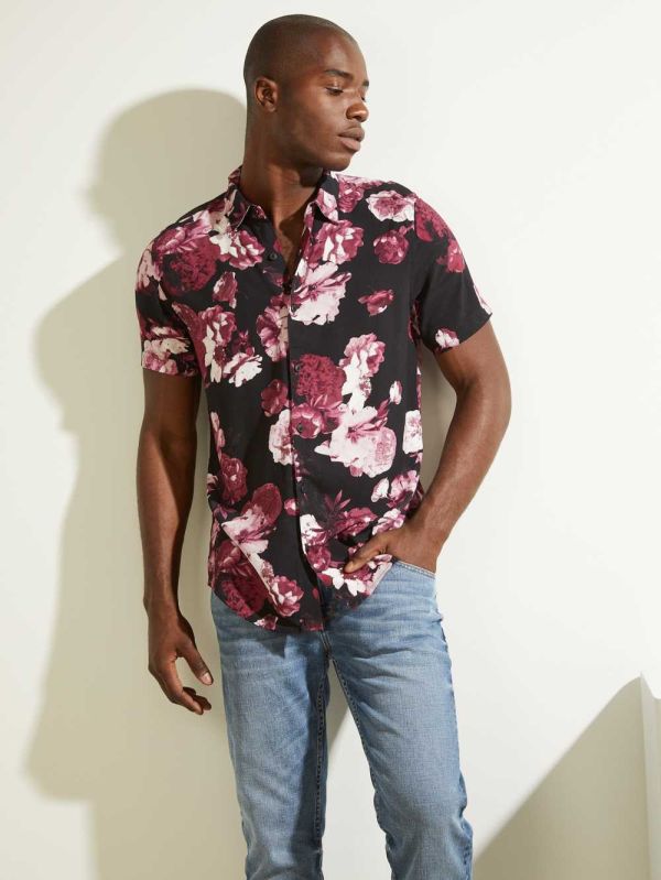 Guess Eco Blackout Floral Skjorta Herr Svarta | 026751-OCX