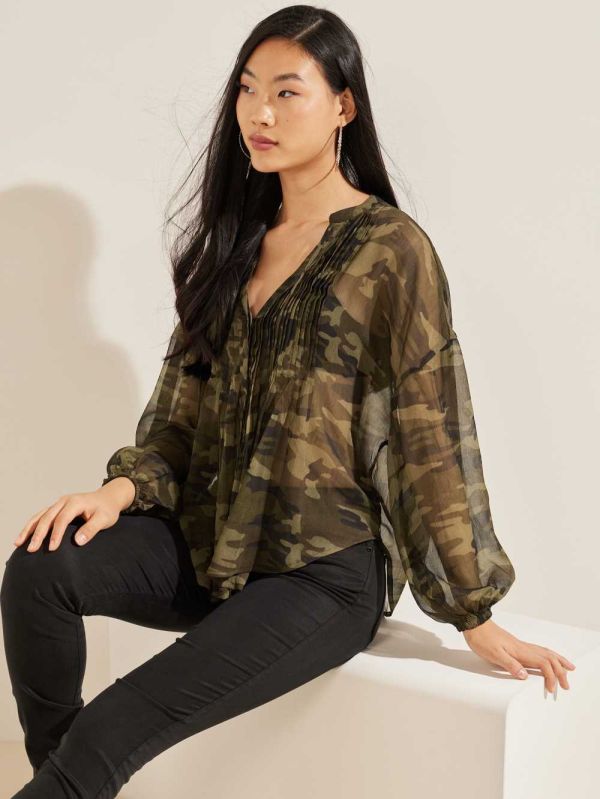Guess Eco Diamante Blusar Dam Camo Gröna | 618943-TZN