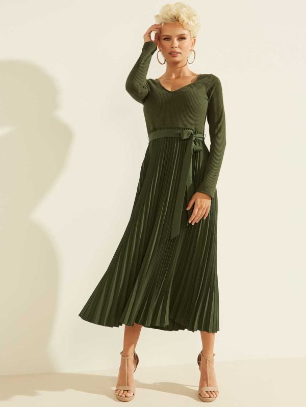 Guess Eco Erynn Pleated Long-Sleeve Klänning Dam Gröna | 213647-UIJ