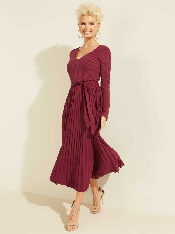 Guess Eco Erynn Pleated Long-Sleeve Klänning Dam Mörkröda | 503279-ZSB