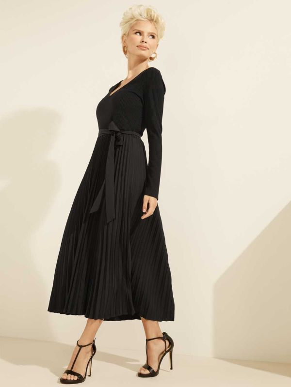 Guess Eco Erynn Pleated Long-Sleeve Klänning Dam Svarta | 560341-ZJR