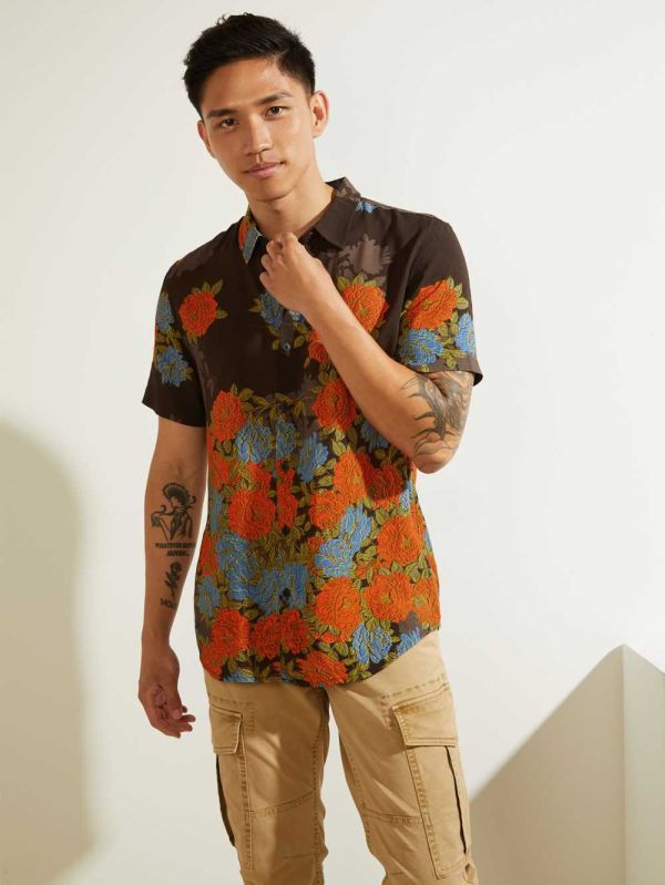 Guess Eco Floral Button-Down Skjorta Herr Bruna Blommiga | 798312-MSJ