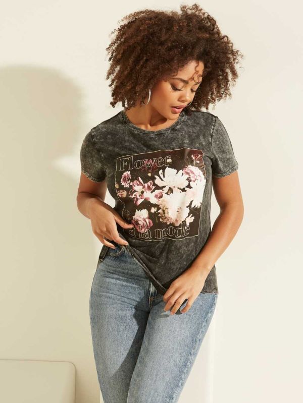 Guess Eco Flower A La Mode Easy T-shirt Dam Svarta Olika Färger | 096257-MHG