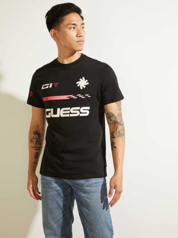 Guess Eco Racer Logo T-shirt Herr Svarta | 148392-IYQ