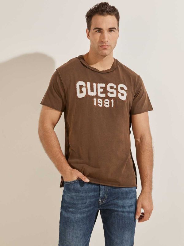 Guess Eco Raw Patchwork Logo T-shirt Herr Choklad Bruna | 172394-UQI