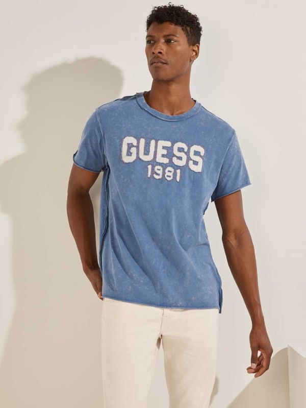 Guess Eco Raw Patchwork Logo T-shirt Herr Blå | 451069-ZSG