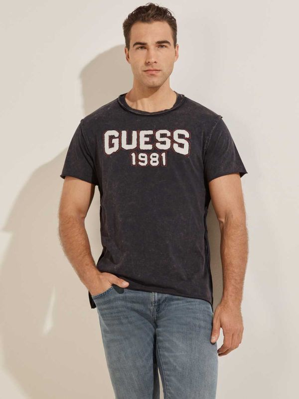 Guess Eco Raw Patchwork Logo T-shirt Herr Mörkblå | 916435-HNR
