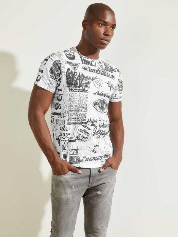 Guess Eco Resort Collage T-shirt Herr Vita Olika Färger | 541802-NUQ