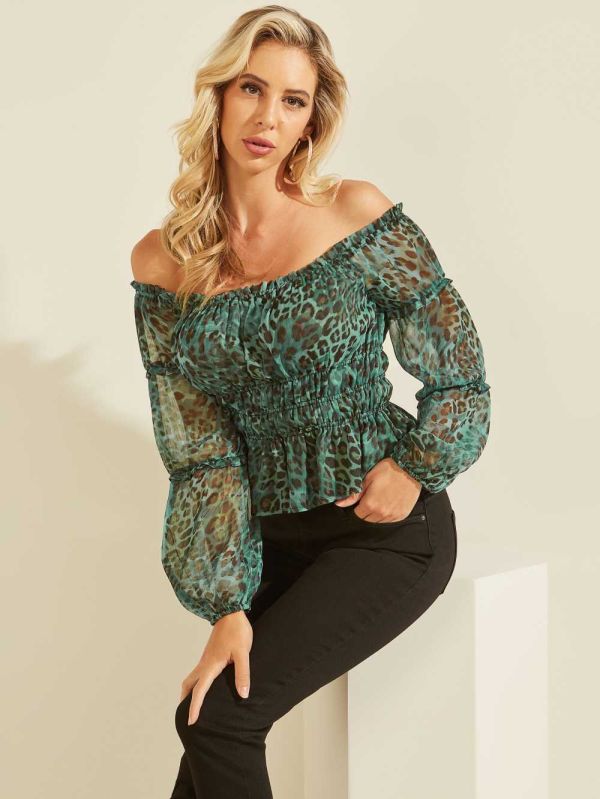 Guess Eco Simi Off-the-Shoulder Top Blast Dam Leopard | 859176-ZBH