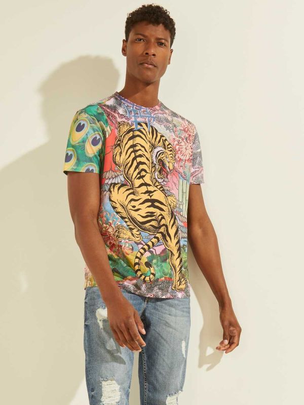 Guess Eco Tiger Graphic T-shirt Herr Vita | 856102-FRH