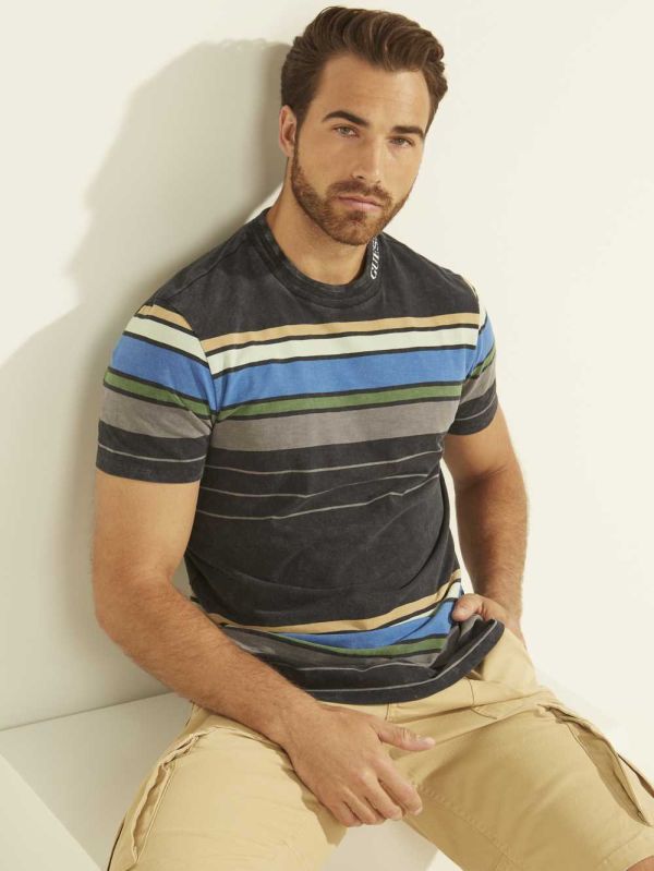 Guess Eli Acid Wash Stripe T-shirt Herr Marinblå | 617892-AJZ