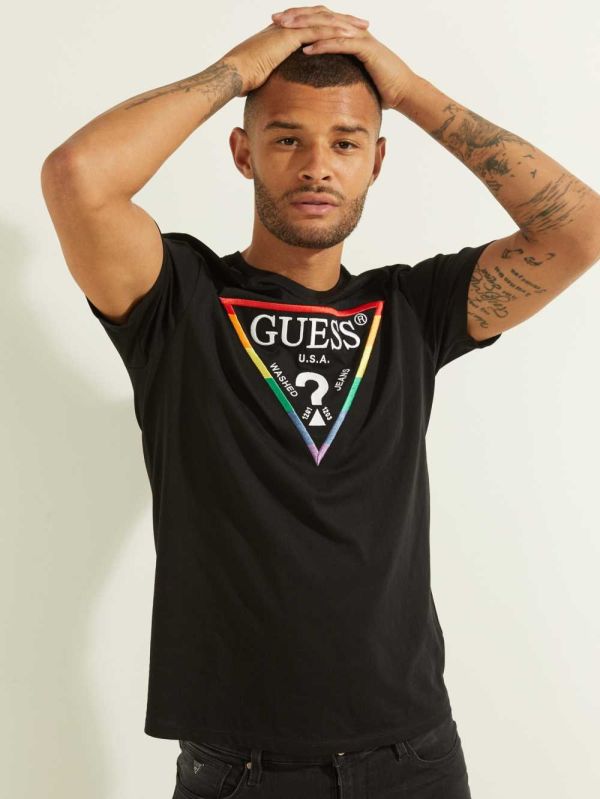 Guess Embroidered Rainbow Logo T-shirt Herr Svarta | 402579-SWM