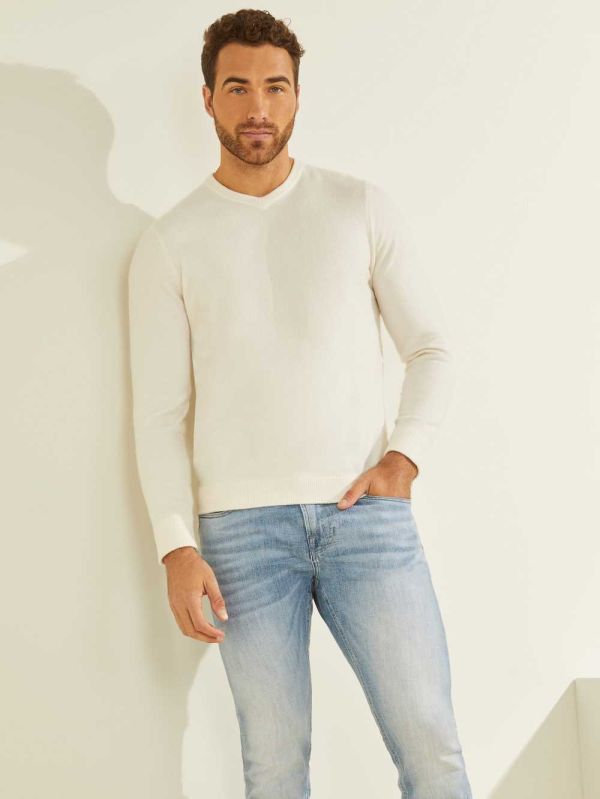 Guess Esmere Wool-Blend V-Neck Tröjor Herr Grädde Vita | 072518-TZQ