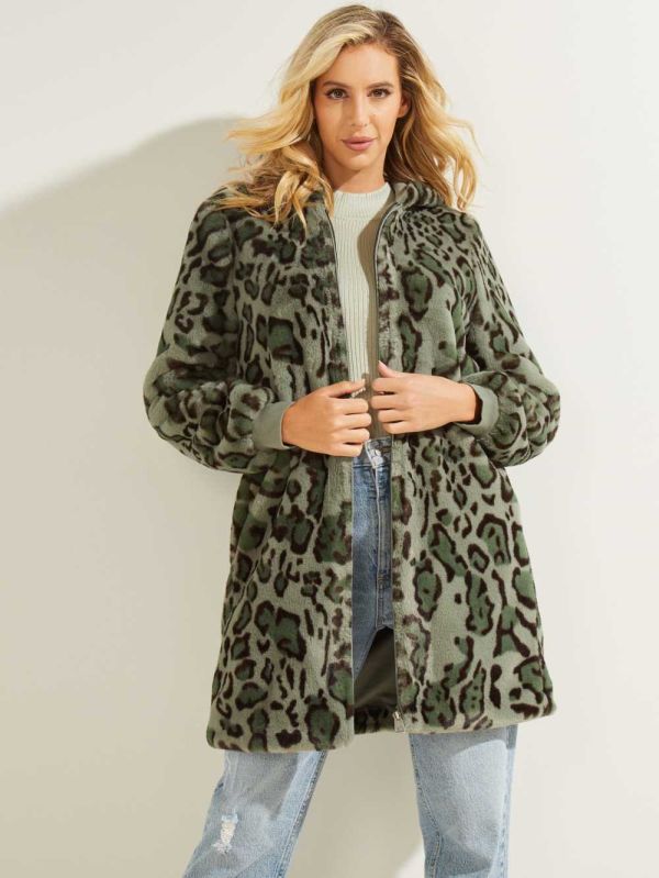 Guess Fernanda Leopard Faux-Fur Rockar Dam Gröna Olivgröna | 032147-HMZ