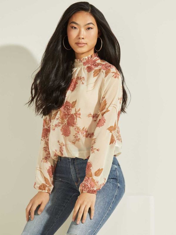Guess Floral Puff Sleeve Blusar Dam Rosa Blommiga | 534192-UZP