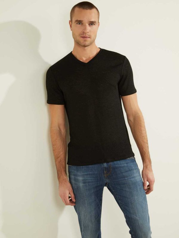 Guess Gauze V-Neck T-shirt Herr Svarta | 231078-JKN