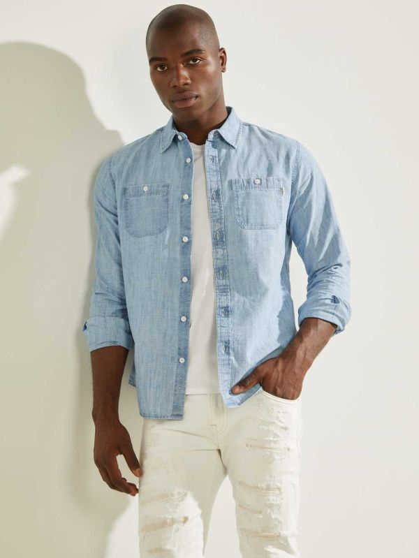 Guess Klassiska Vintage Chambray Skjorta Herr Ljusindigo Olika Färger | 257136-NWP