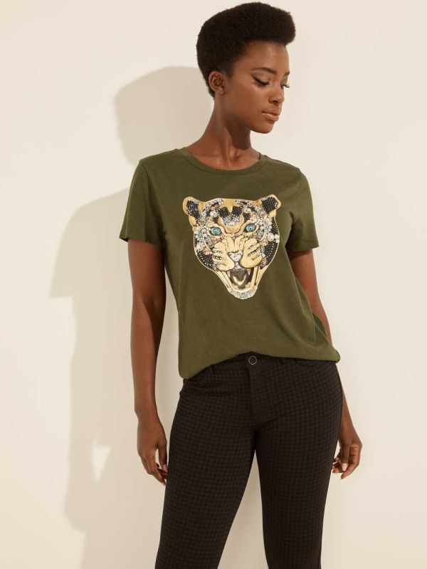 Guess Leopard Bling T-shirt Dam Gröna | 348960-WCR