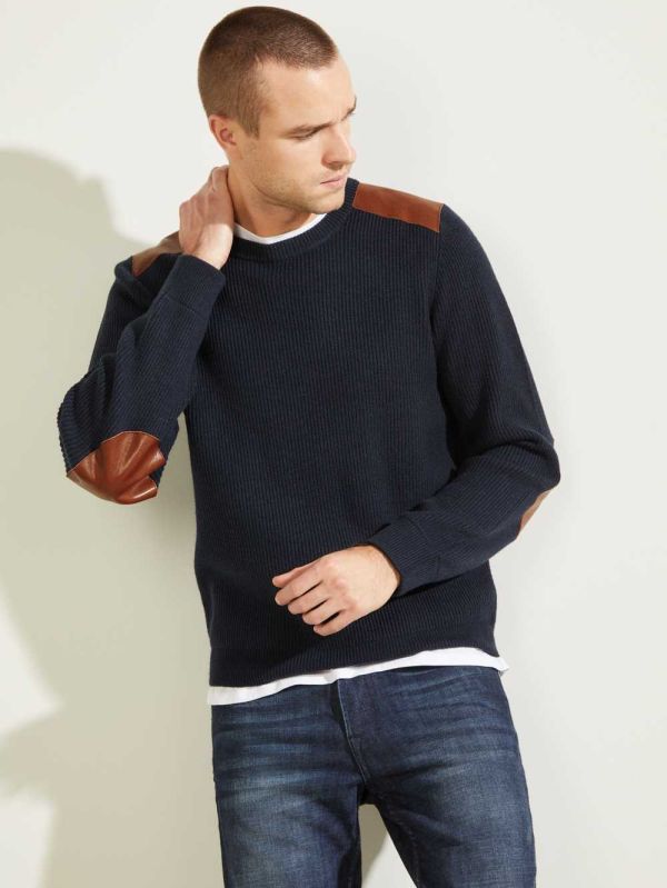 Guess Liam Läder Patch Tröjor Herr Mörkblå | 164320-CKH