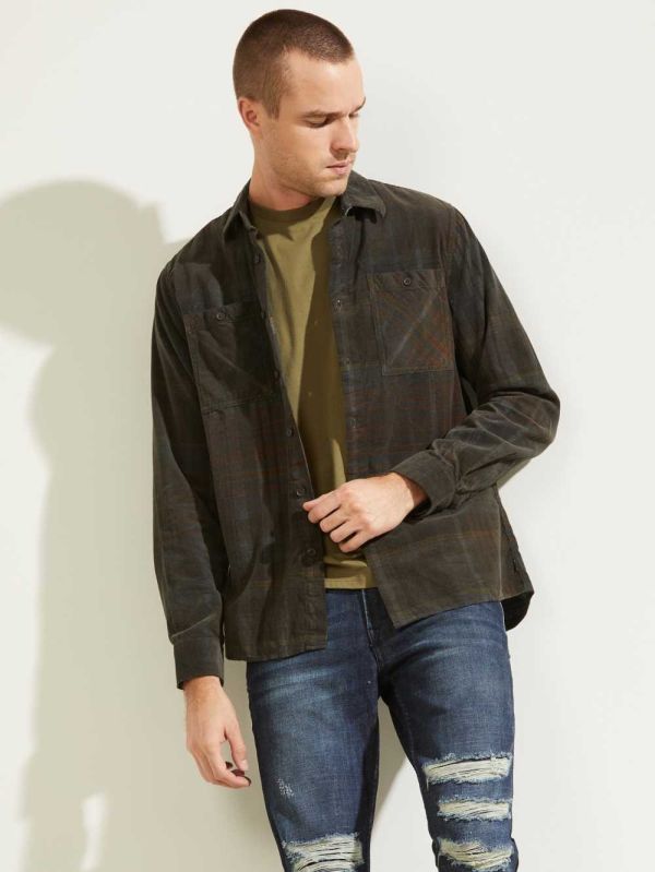 Guess Lincoln Plaid Corduroy Skjorta Herr Mörkgröna | 270364-VHG