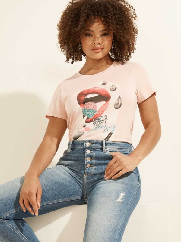 Guess Lip Glitter Pop Easy T-shirt Dam Rosa | 629318-KDI
