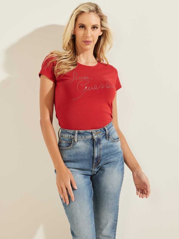 Guess Love Rhinestone T-shirt Dam Vinröda | 975832-KUC