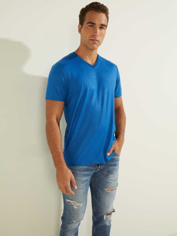 Guess Mason Yoke V-Neck T-shirt Herr Blå | 480391-QRA