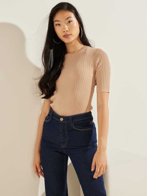 Guess Naomi Ribbed Half-Sleeve Tröjor Dam Ljuskaffe | 649305-SNQ