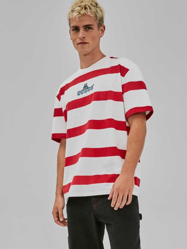 Guess Original Bear Stripe T-shirt Herr Röda Rosa Olika Färger | 418536-WRT