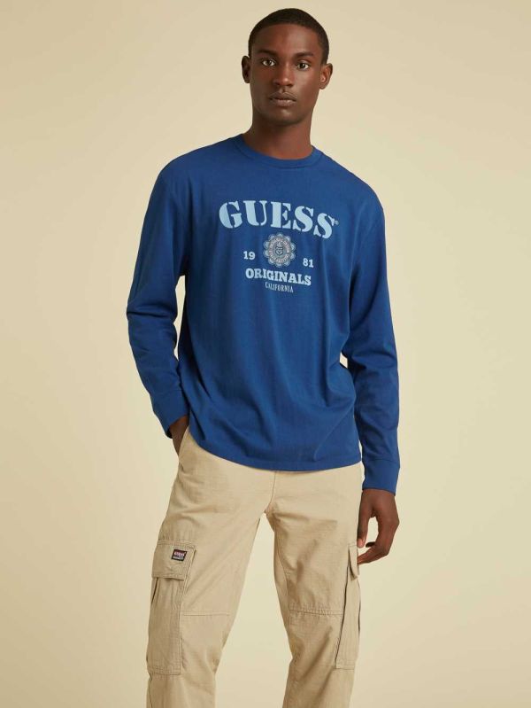 Guess Original Logo Long Sleeve T-shirt Herr Blå | 160395-ISL