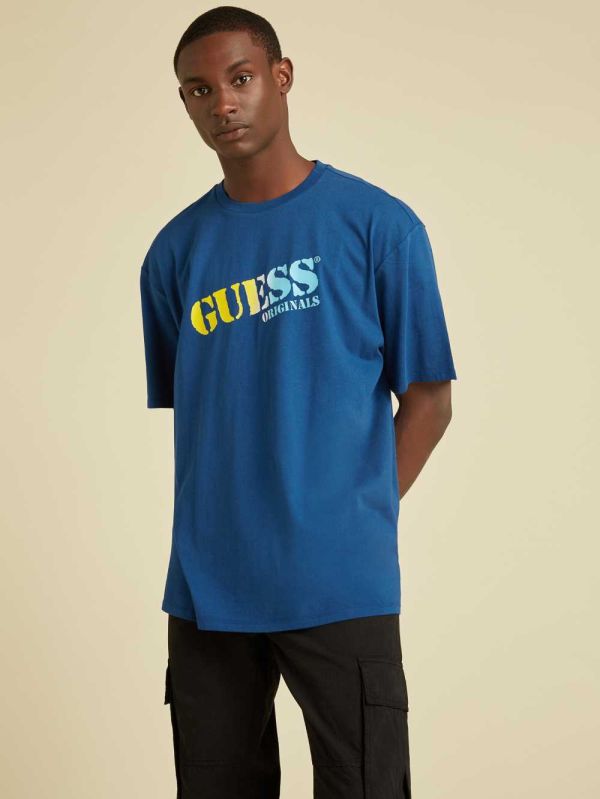 Guess Original Ombre Logo T-shirt Herr Blå | 479015-MAP