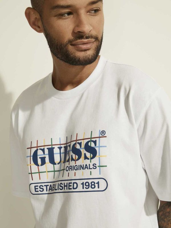 Guess Original Rainbow Grid T-shirt Herr Vita | 231478-SFP