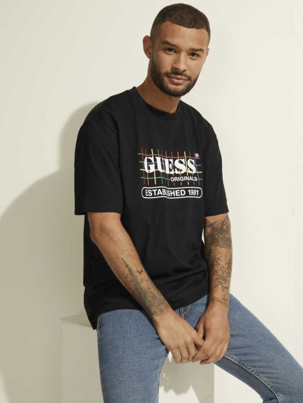 Guess Original Rainbow Grid T-shirt Herr Svarta | 502837-TMA