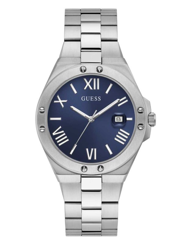 Guess Perspective Silver-Tone and Blue Analog Klocka Herr Olika Färger | 938146-MGQ