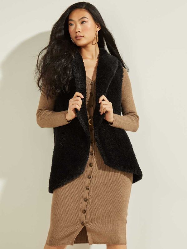 Guess Raffaella Faux-Fur Väst Dam Svarta | 573826-UEQ